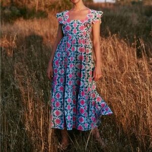 SZ Blockprints Charlotte Dress Lisbon Floral Ruffle Sleeve Midi Dress Cottage M